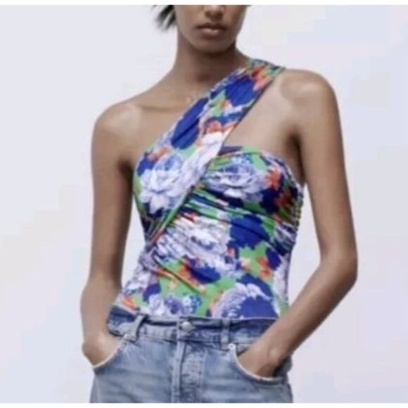 Size Medium Zara One Sleeve Floral Asymmetric Bodysuit Purple Green Snaps NEW - Picture 1 of 8